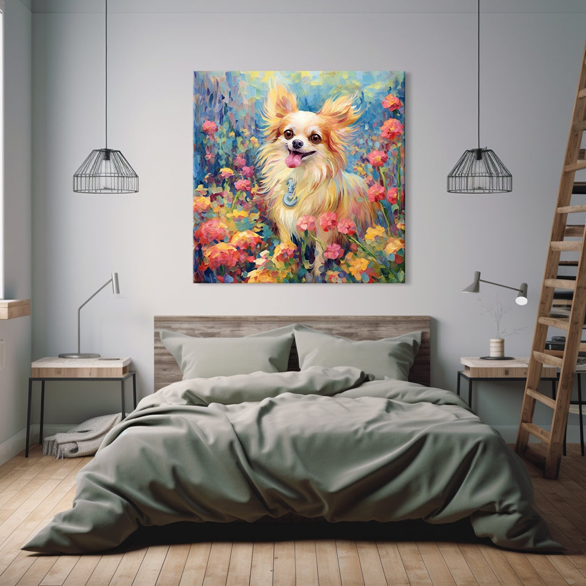 Cute Fluffy Chihuahua Dog Print Gift For Chihuahua Dog Lover Colourful Dog Portrait Painting Print Dog Pet Wall Art - Image 3