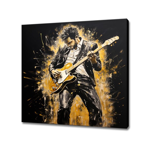 Electric Guitar Player In Suit Black Gold Splash Rock Music Poster