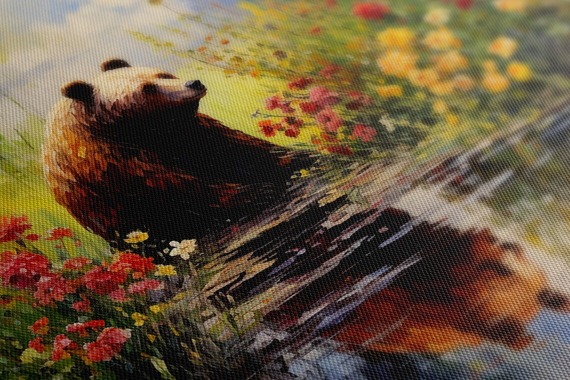 Brown Bear in Flowers by the River, Painting Print - Image 4