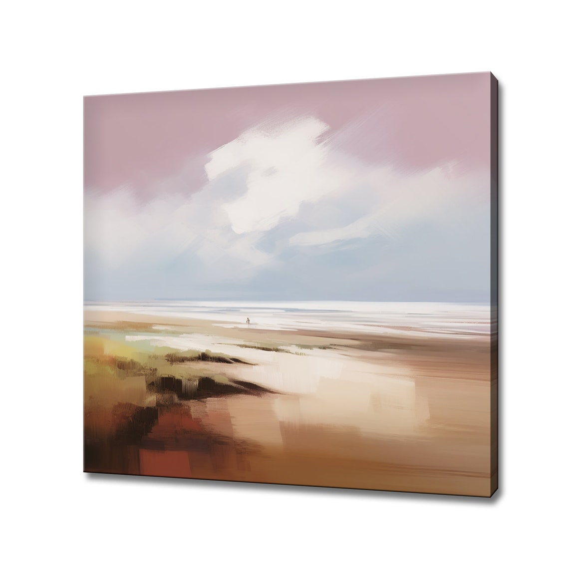 Pink Sky Beach Abstract Seascape Painting Soft Coastal Tones Wall Art
