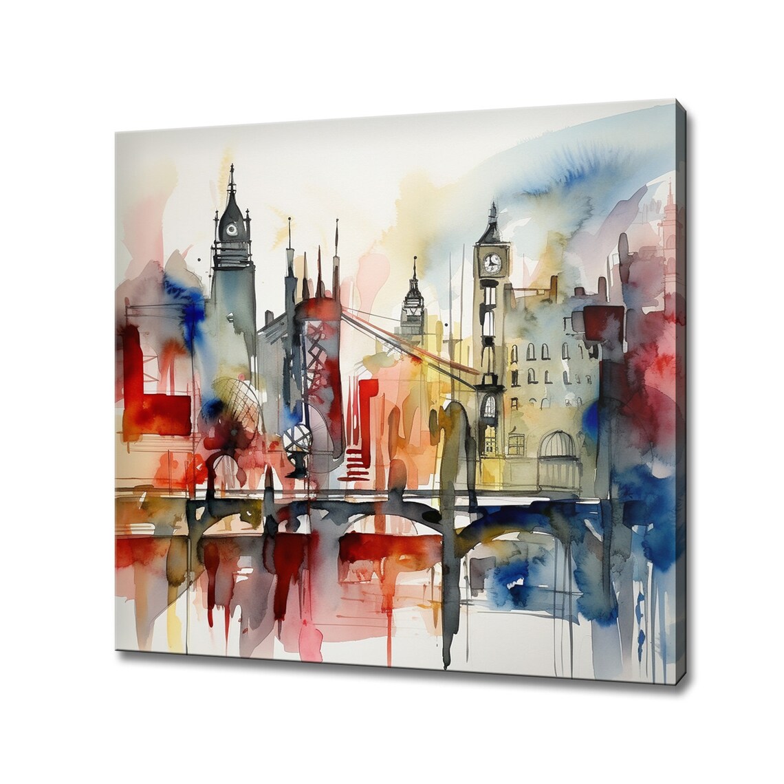 Colorful London Skyline With Big Ben Bridge Abstract Watercolor Poster