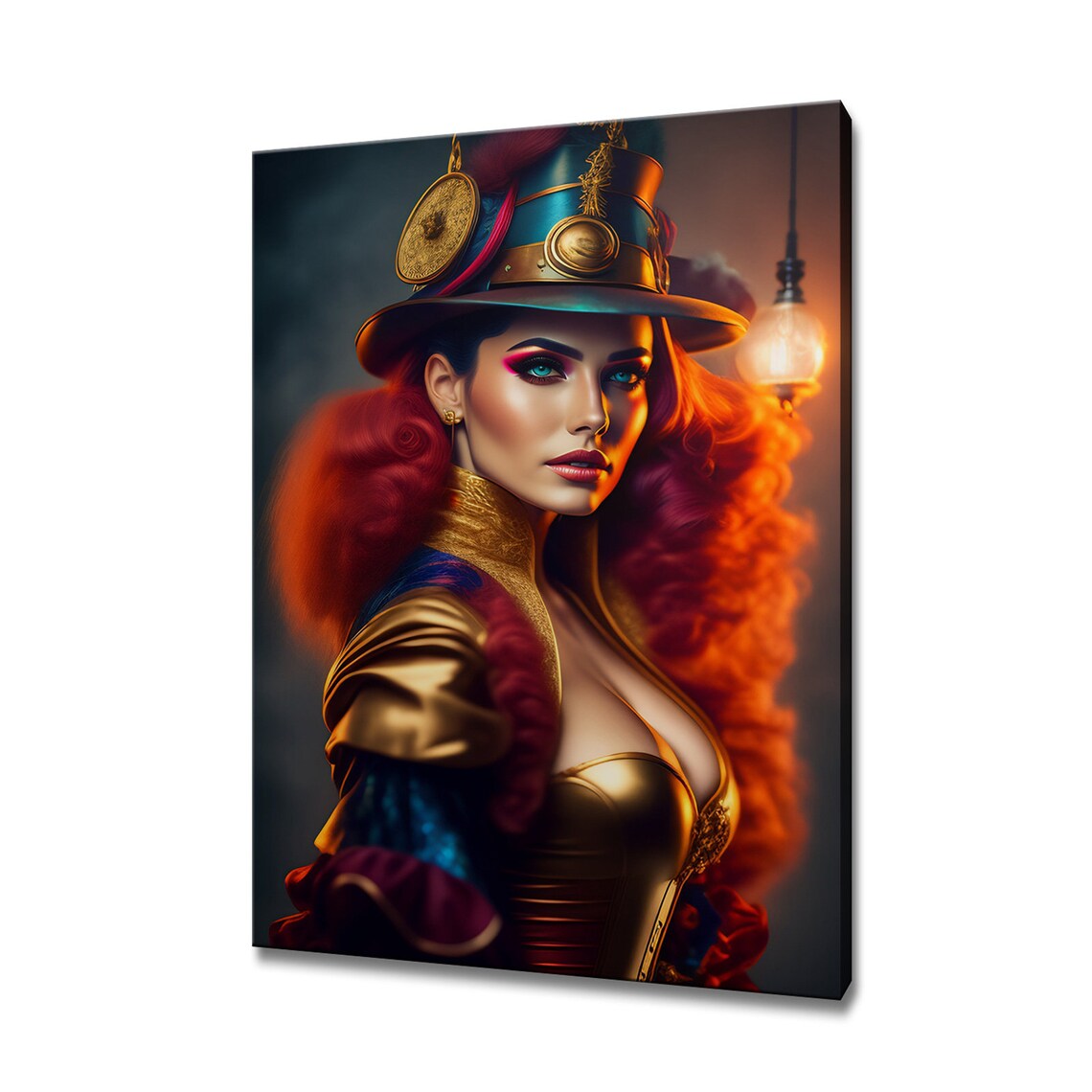 Steampunk Woman With Red Hair Tall Decorated Hat Gold Corset Art Poster