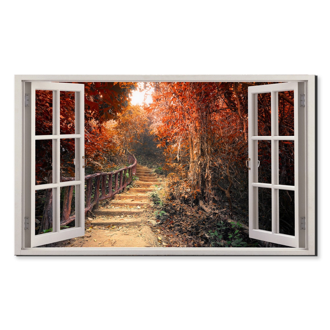Autumn Forest Pathway Wooden Steps Fall Colours Window View Poster