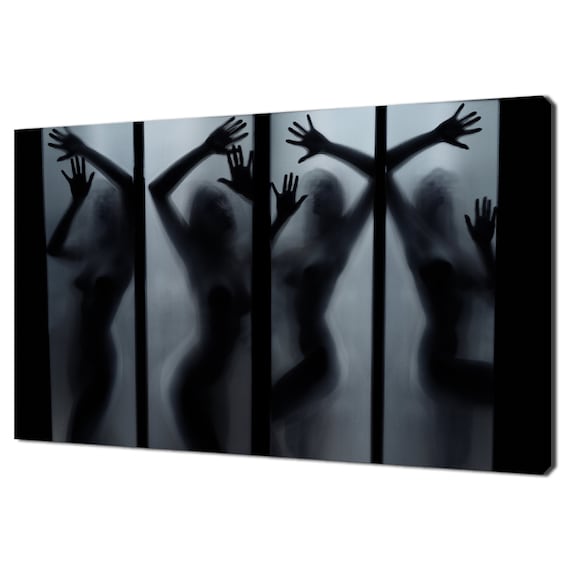 Women Silhouettes Behind Frosted Shower Glass Monochrome Art Photo Poster