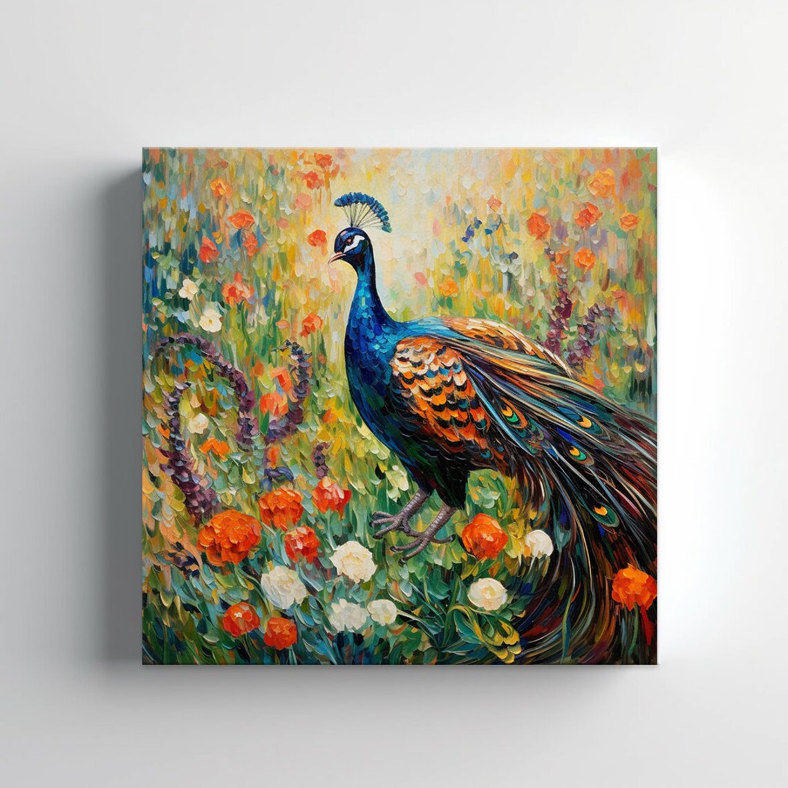 Majestic Peacock in Colorful Flower Garden Impasto Oil Painting Poster - Image 4