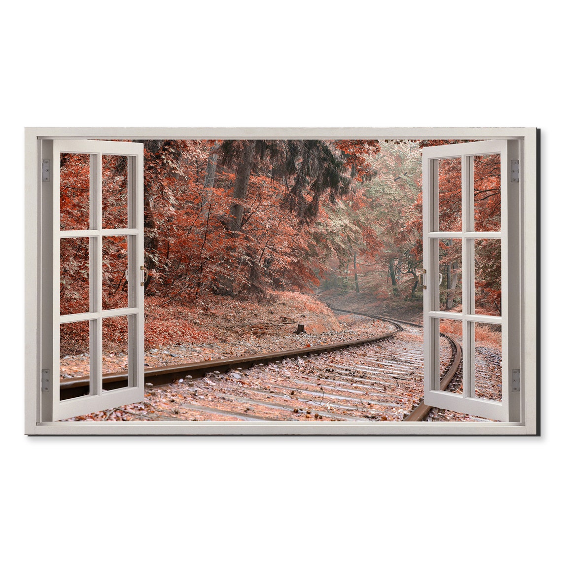 Railway Track Through Red Autumn Forest Misty Open Window View Poster