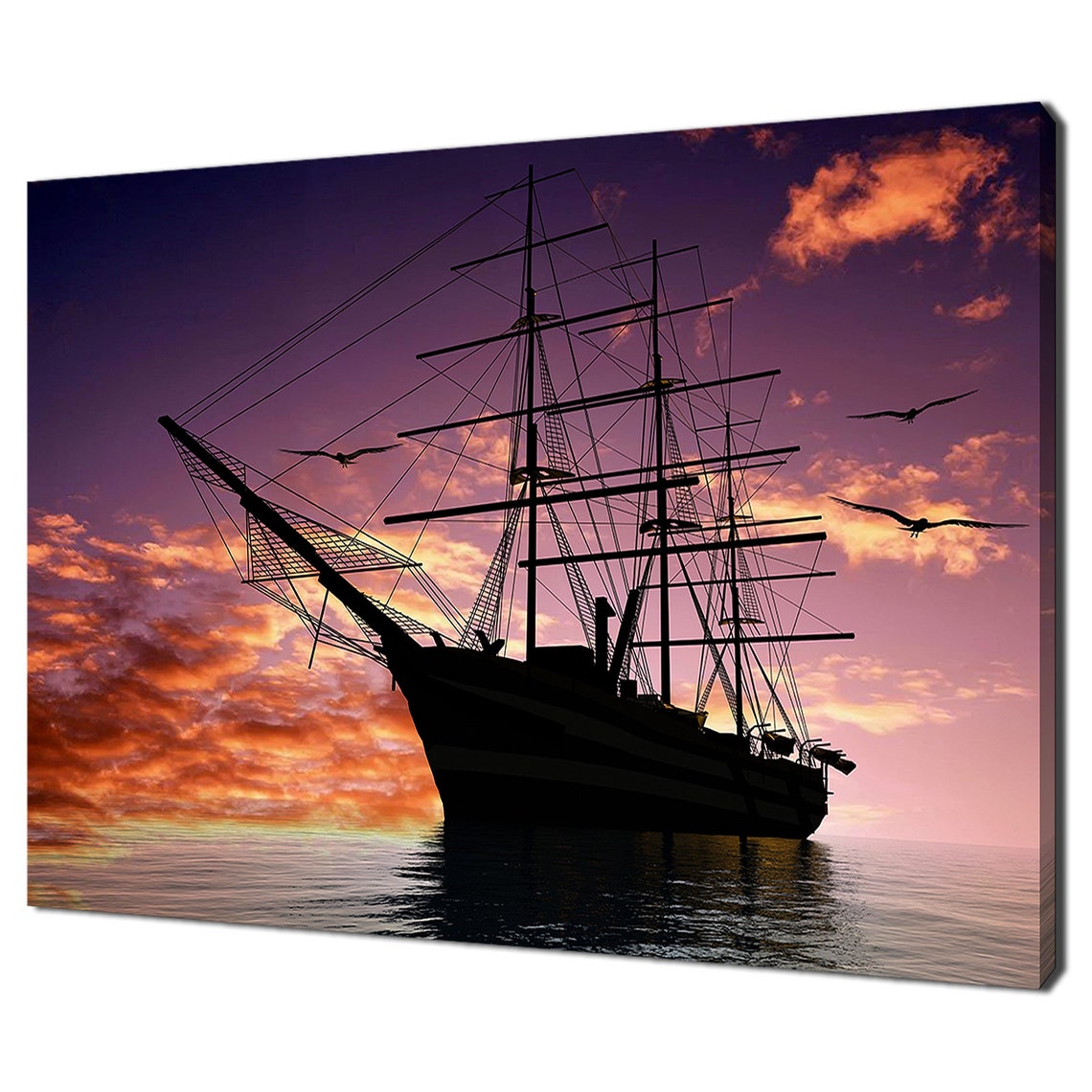 Tall Ship Silhouette Sailing Into Purple Orange Sunset Seascape Poster