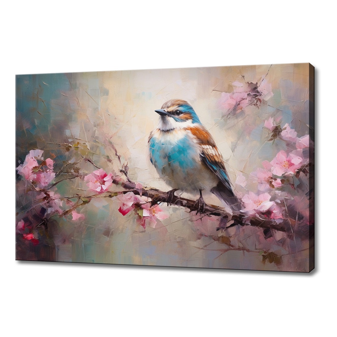 Cute Blue Brown Songbird Cherry Blossom Branch Warm Pastel Poster