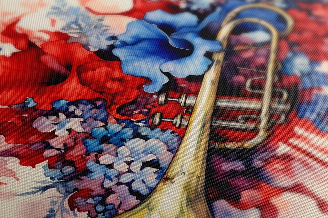 Golden Trumpet Watercolor Red Blue Flowers Brass Music Lover Art Print - Image 3