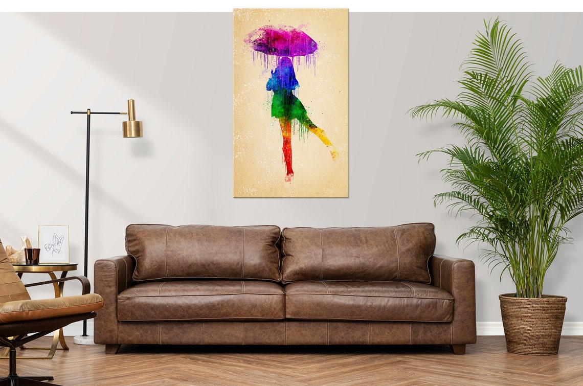 Girl With Umbrella Colourful Rainbow Watercolour Modern Design Home Decor Print Wall Art Picture - Image 2