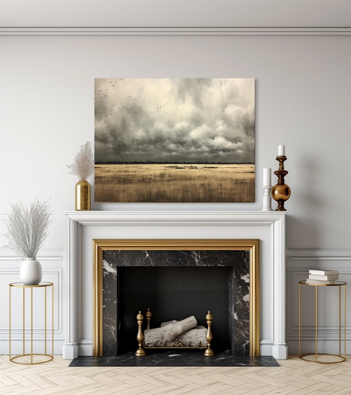 Storm Clouds And Birds Over Golden Field Moody Sky Landscape Poster - Image 3