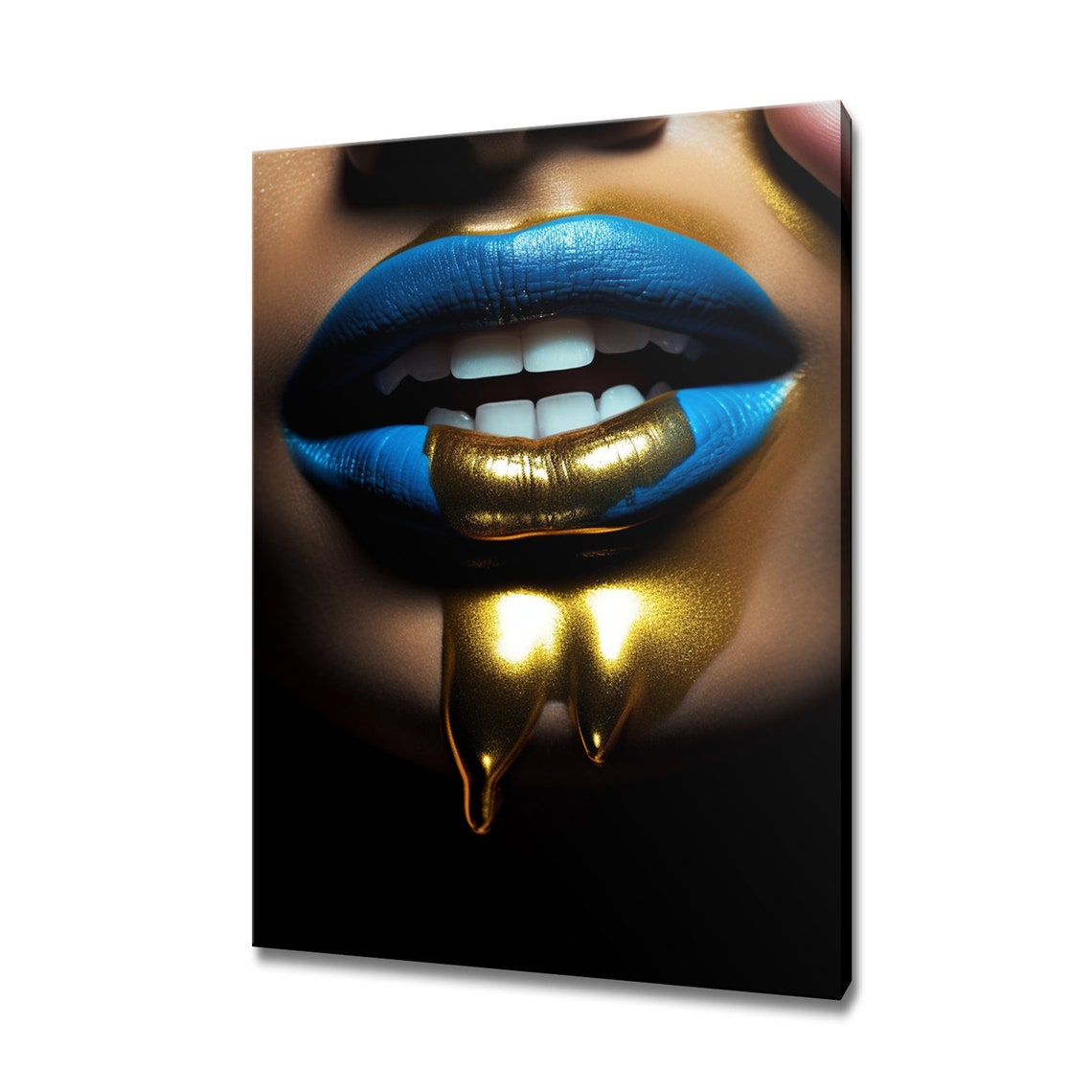Blue Lips with Dripping Gold Makeup Avant Garde Beauty Art Wall Poster