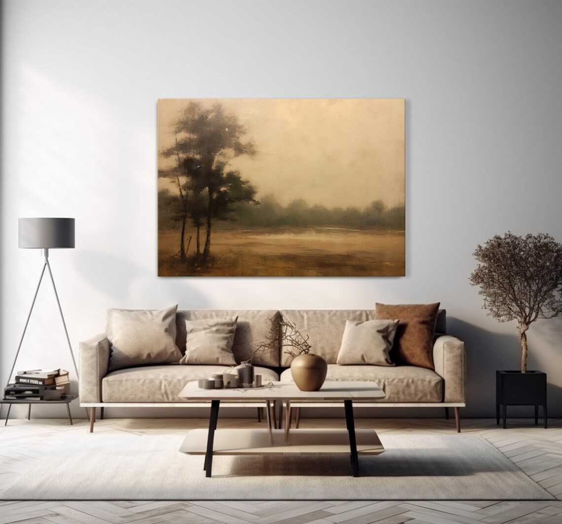 Misty Sepia Field With Dark Trees Foggy Minimalist Landscape Poster - Image 4