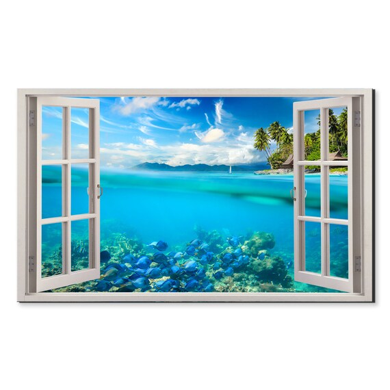 Tropical Fish In Blue Ocean Sunny Sky Window View Window Frame Style Modern Design Home Decor Print Wall Art Picture Ready To Hang
