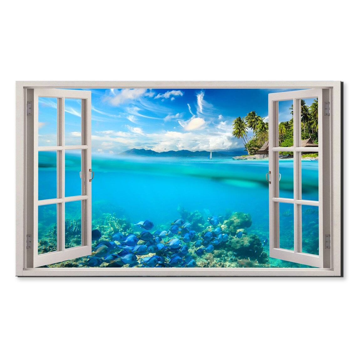 Tropical Ocean Reef Window View With Palm Island Travel Poster
