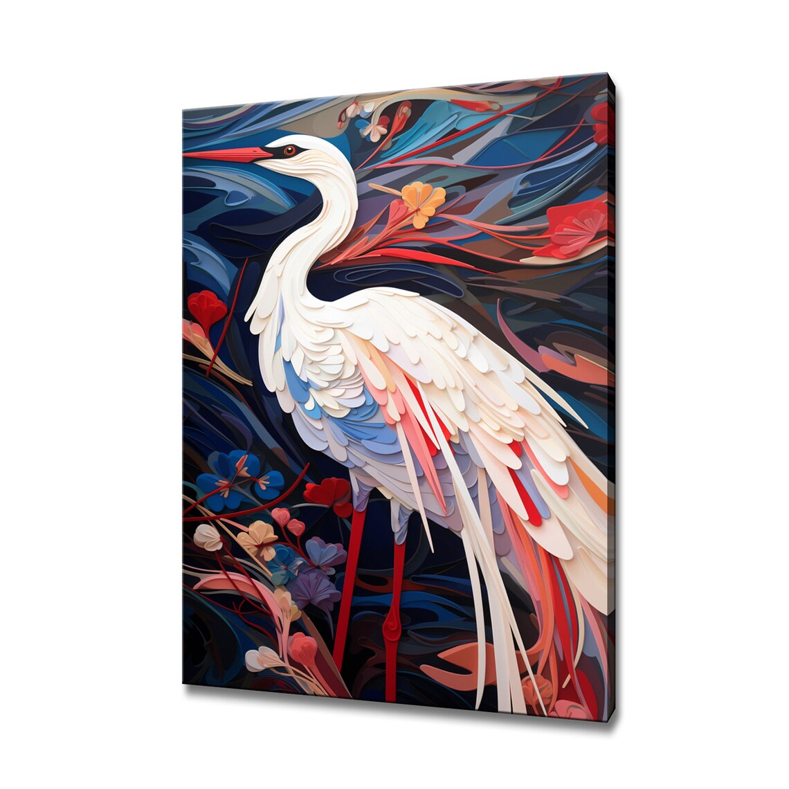 Elegant White Crane Paper Quilling Style Floral Bird Modern Art Print