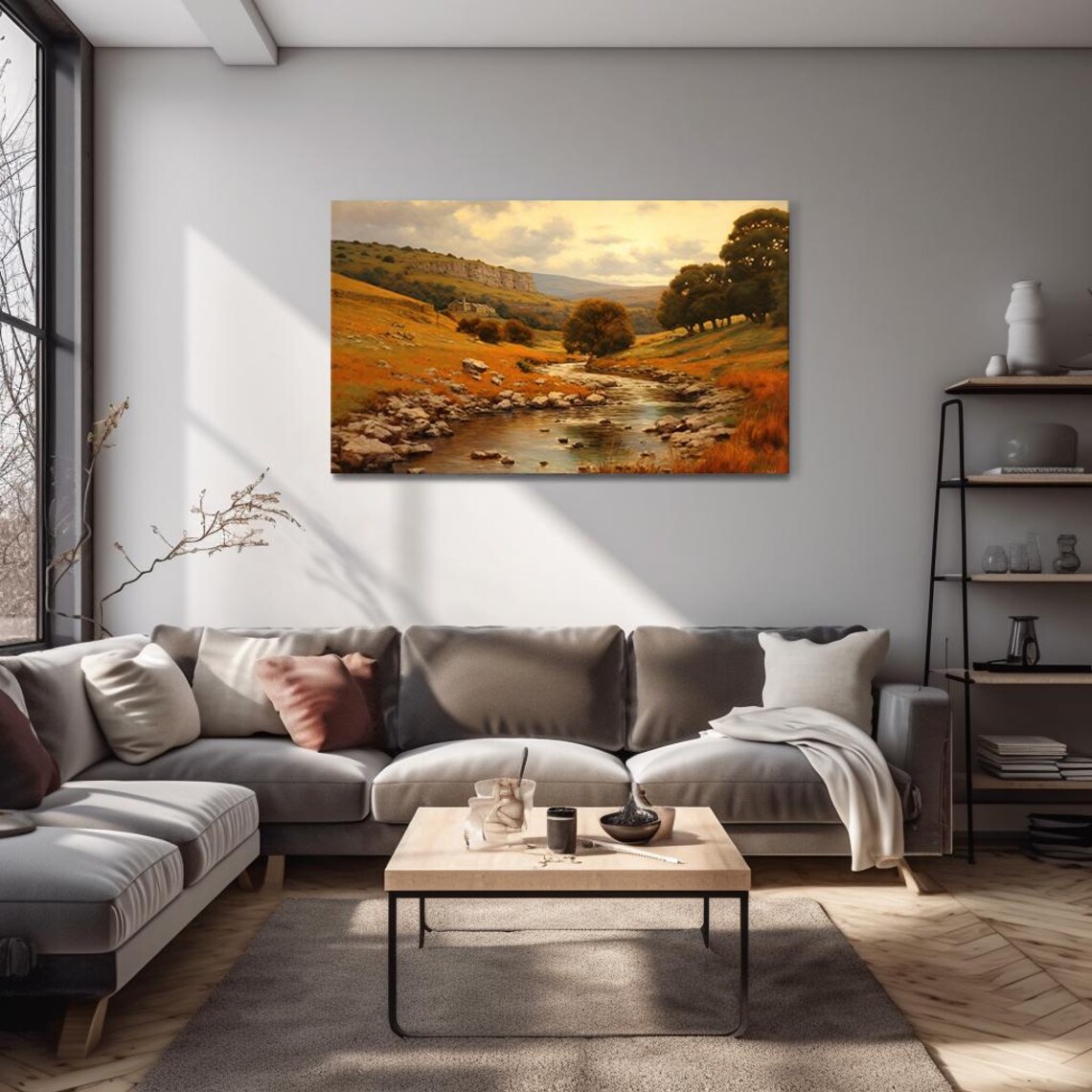 Autumn River Valley Rocky Stream Golden Hills Vintage Landscape Poster - Image 4