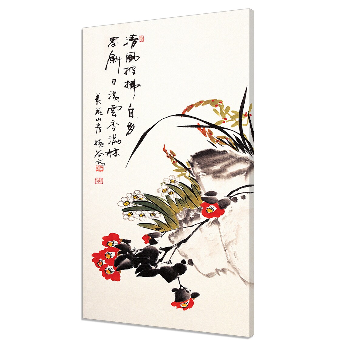 Traditional Asian Painting Red Flowers Calligraphy Floral Art Poster