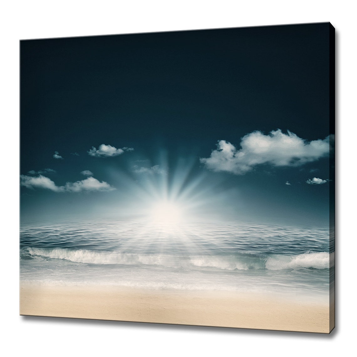Sunburst Breaking Through Clouds Over Dark Ocean Night Beach Poster