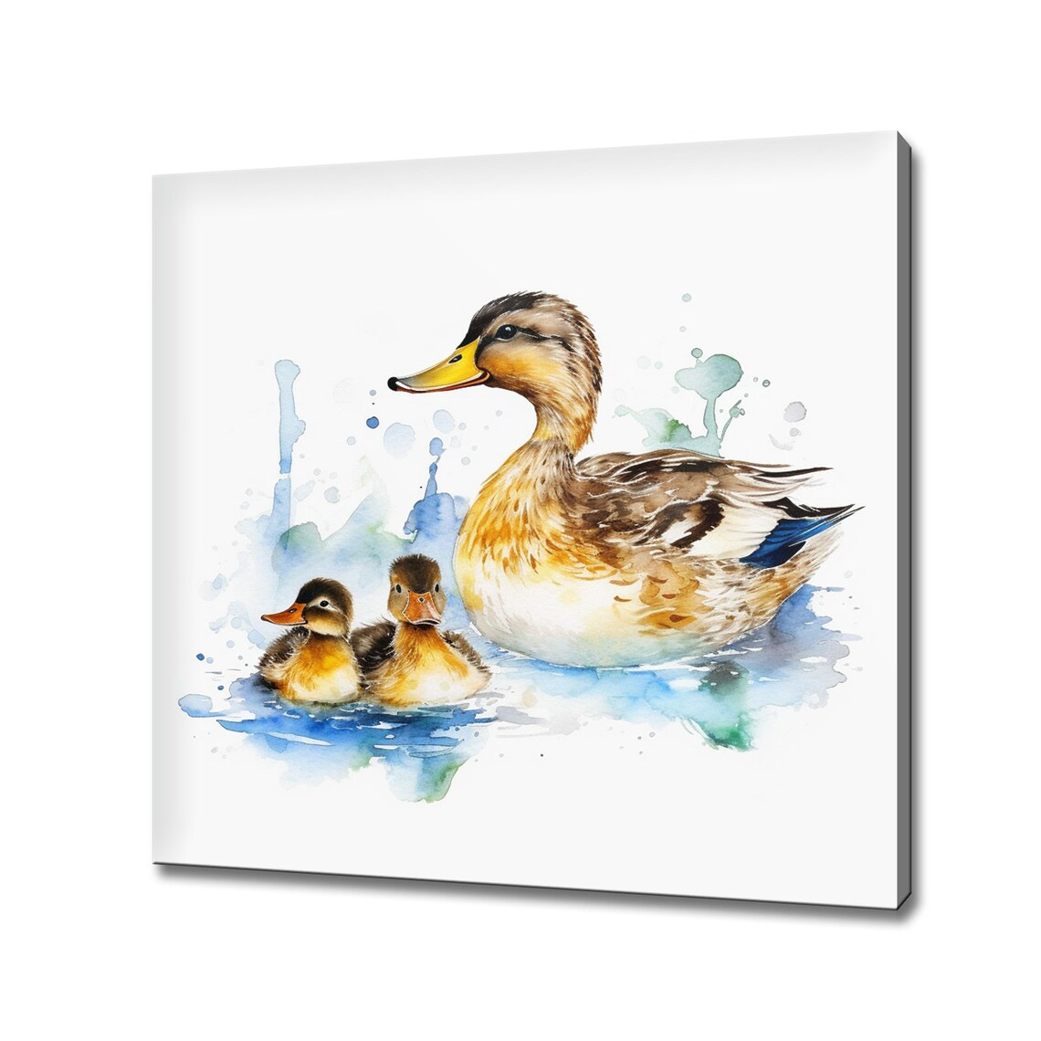Mother Duck With Two Ducklings Watercolor Pond Scene Nursery Wall Art