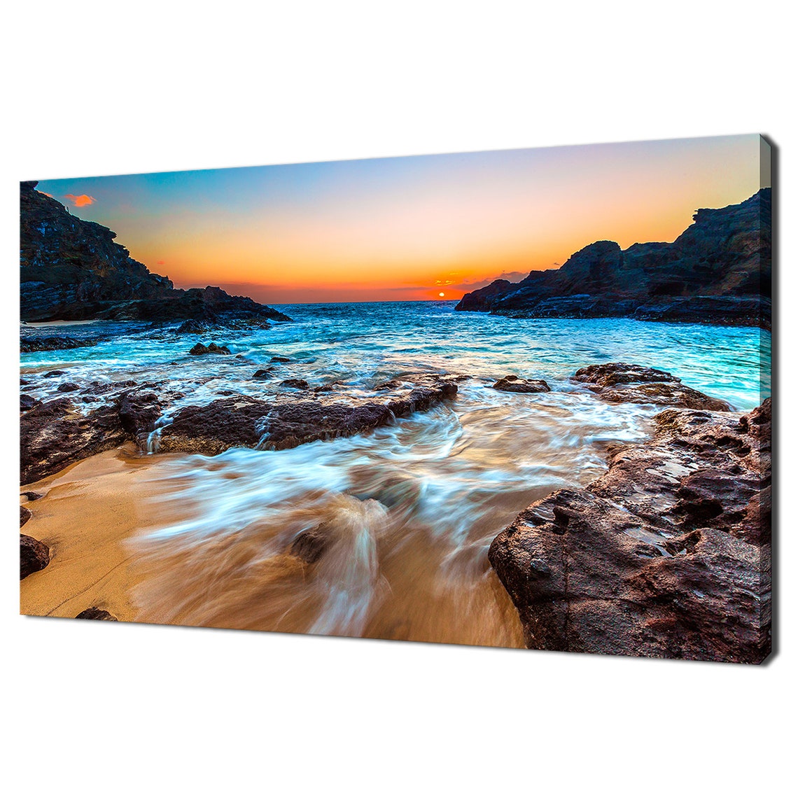 Sunset Waves Rocky Cove Turquoise Ocean Sandy Beach Seascape Poster