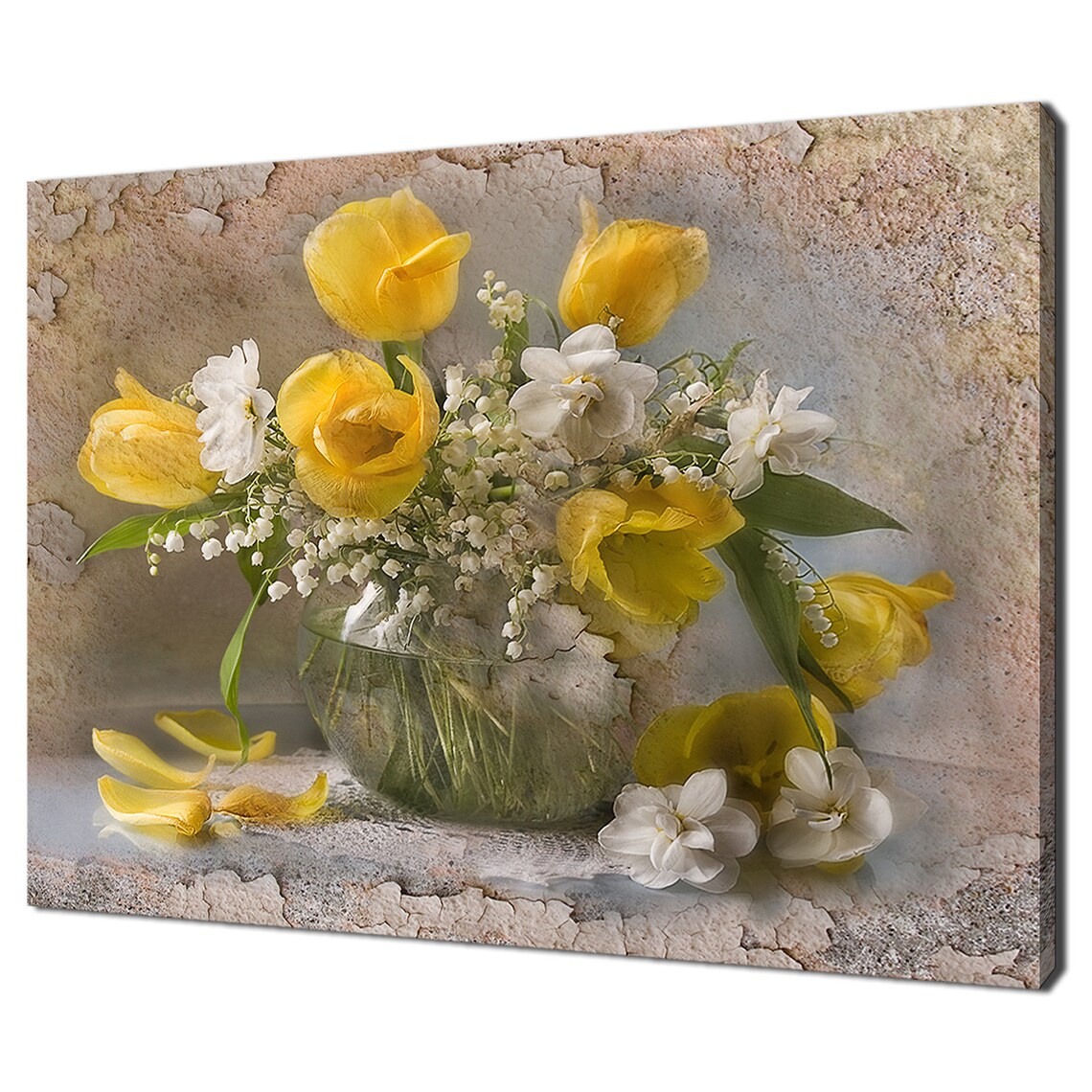 Vintage Yellow Tulip And White Flower Bouquet In Glass Vase Poster