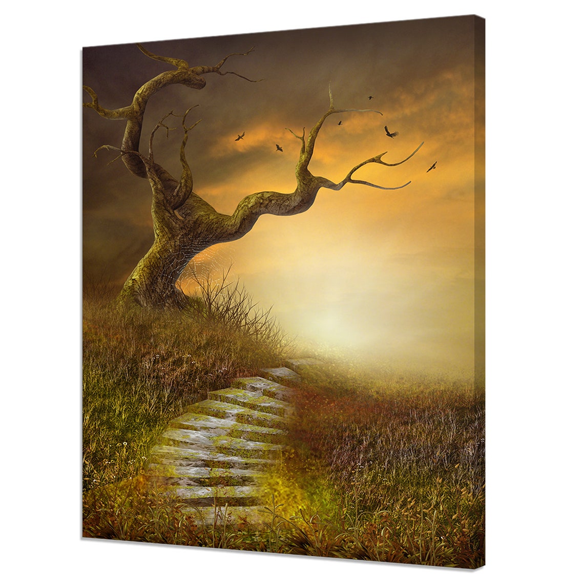 Dark Gnarled Bare Tree Stone Steps Moody Sunset Fantasy Wall Art