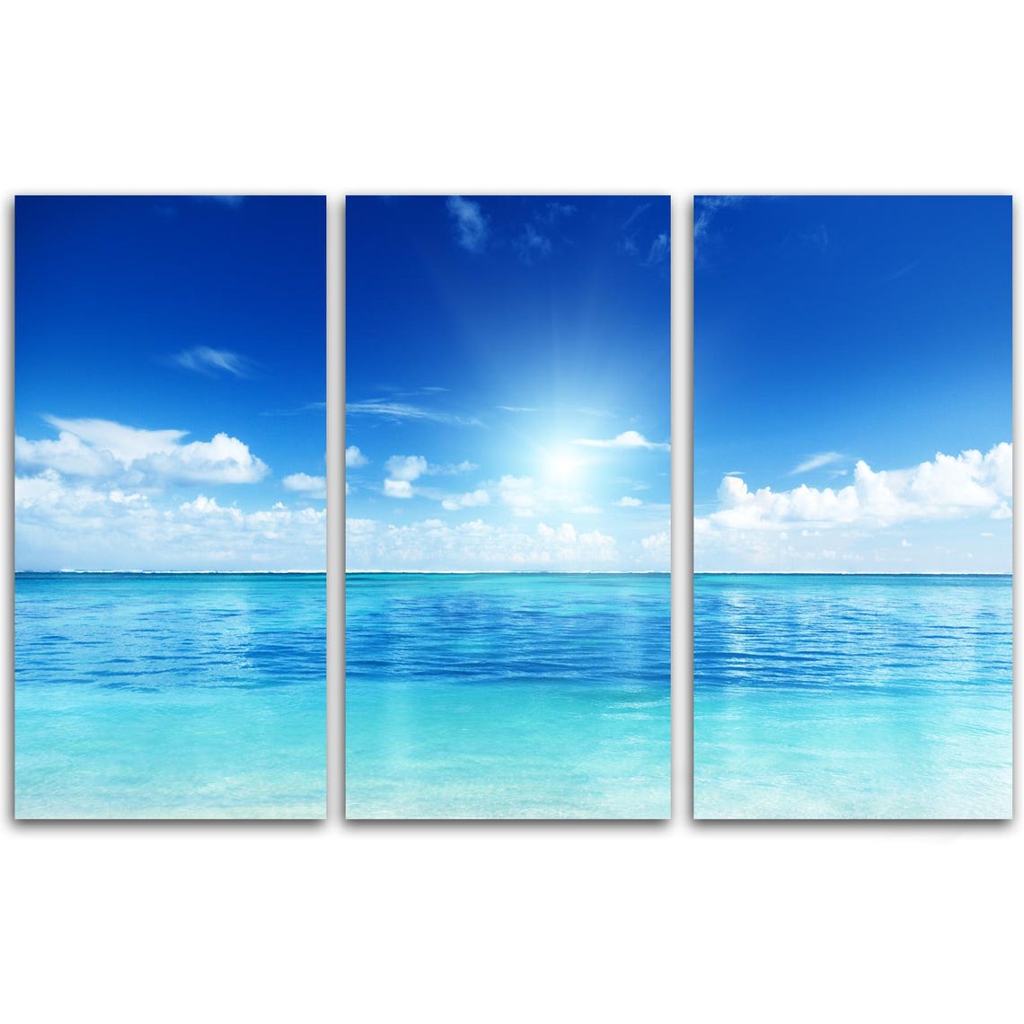 Turquoise Ocean Seascape Bright Sun Blue Sky Three Panel Wall Art