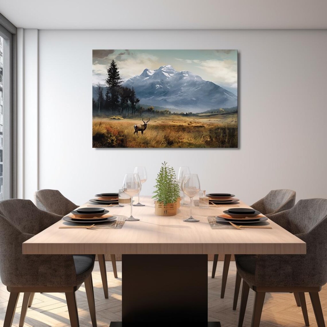 Majestic Stag In Golden Field Snowy Mountains Vintage Wildlife Poster - Image 2