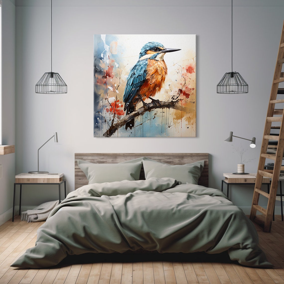 Kingfisher Perched Branch Soft Abstract Portrait Bird Art Print - Image 2