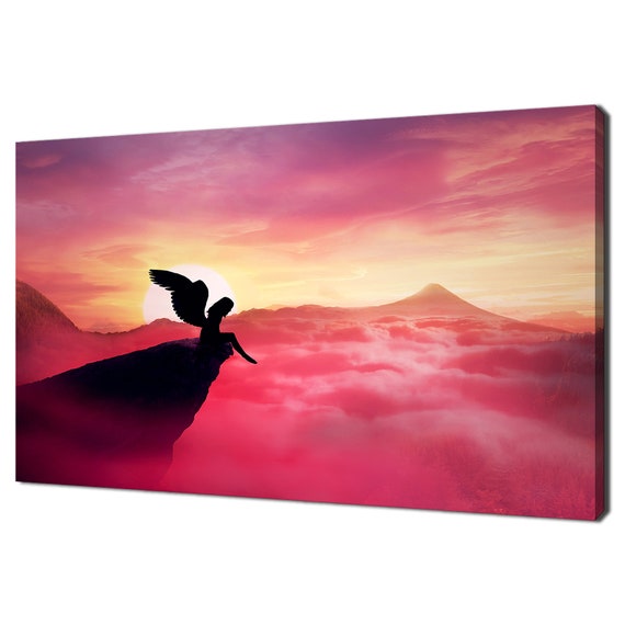 Lonely Fallen Angel Girl With Wings Sitting On A Cliff At Pink Sunset Modern Design Home Decor Print Wall Art Picture