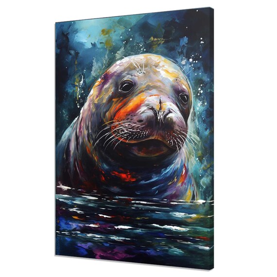 Colorful Elephant Seal Portrait in Water Expressive Animal Art Poster