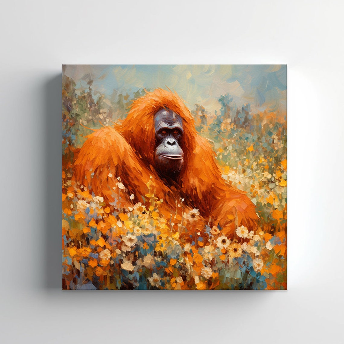 Orangutan Resting in Orange Wildflower Field Impasto Art Poster - Image 3