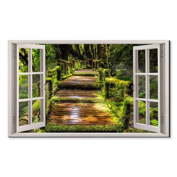 Old Bridge In Green Forest Window View Window Frame Style Modern Design Home Decor Print Wall Art Picture Ready To Hang