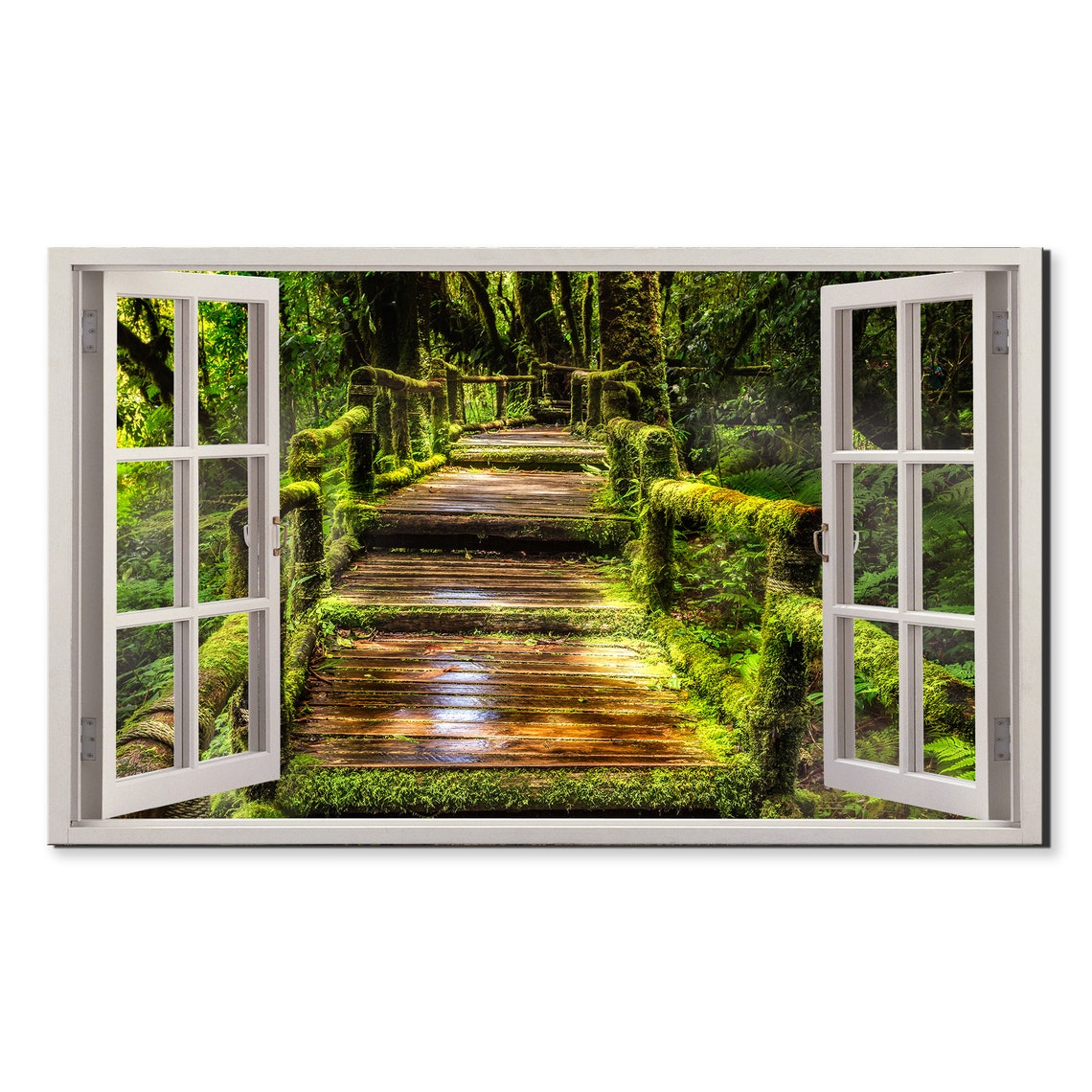 Old Bridge In Green Forest Window View Window Frame Style Modern Design Home Decor Print Wall Art Picture Ready To Hang