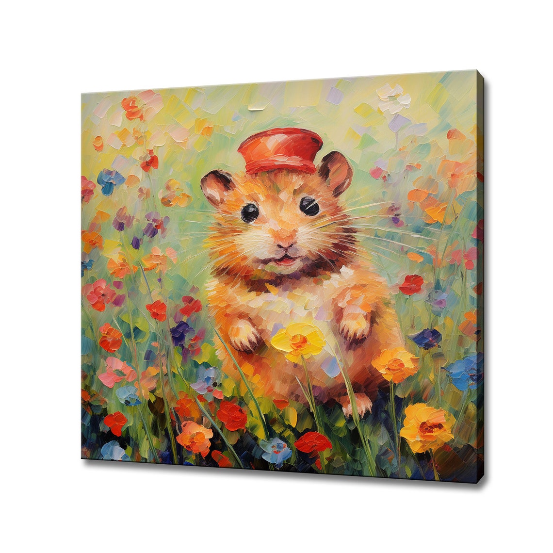 Cute Hamster Red Cap Wildflower Meadow Impressionist Animal Art Print