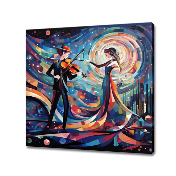 Violinist Musical Couple Colorful Abstract Night City Art Poster