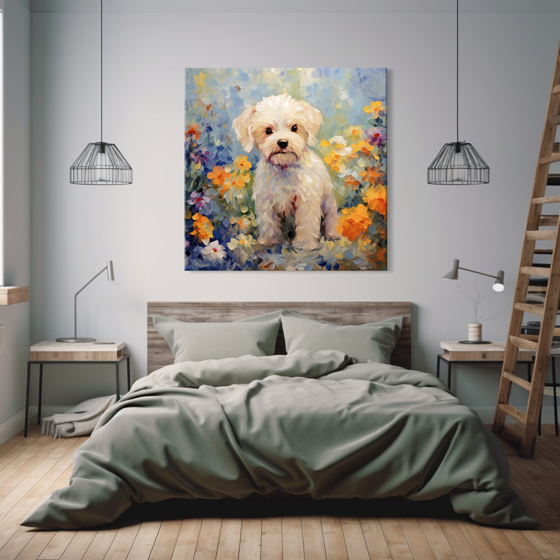 Fluffy White Maltipoo Puppy in Wildflower Garden Painting Poster - Image 2