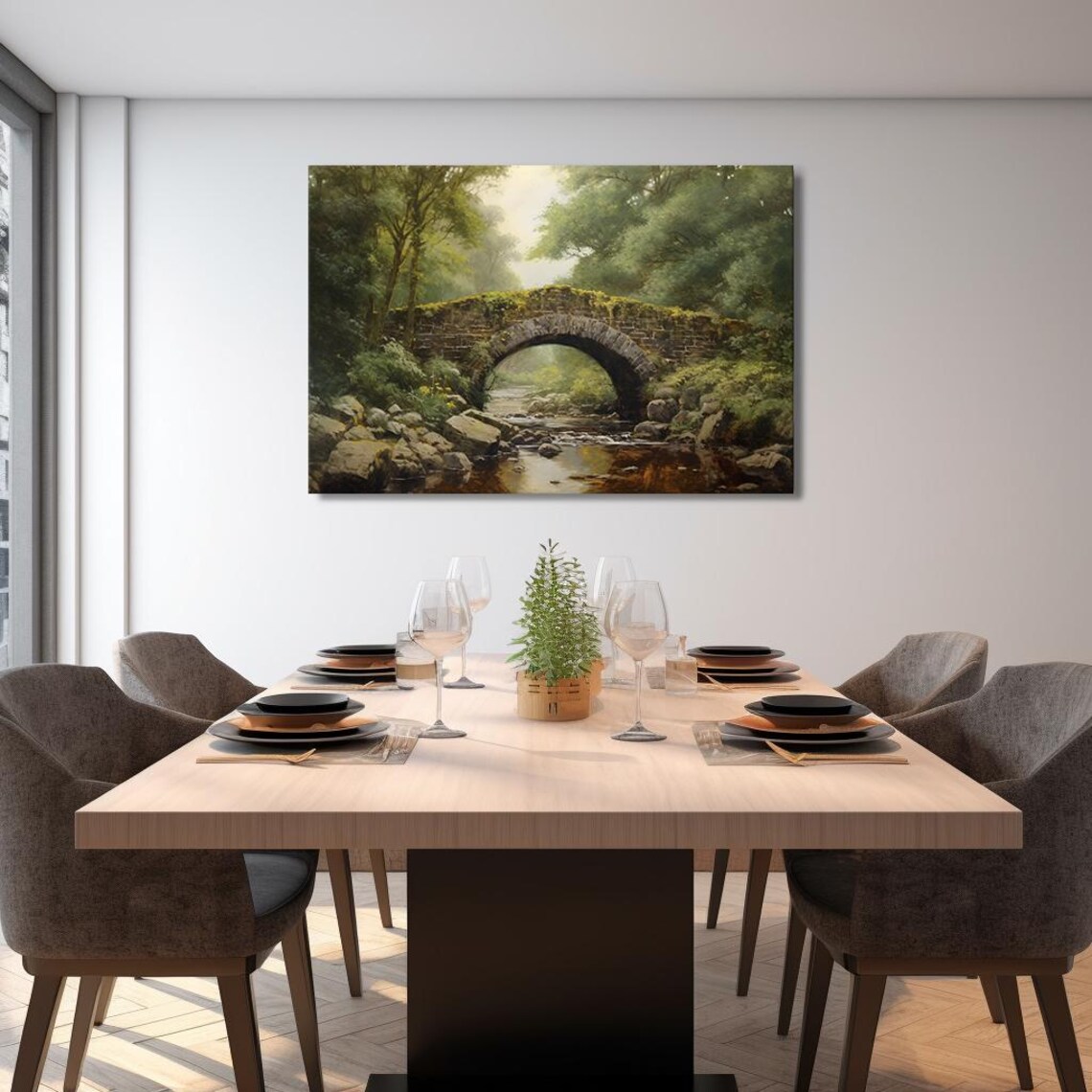 Mossy Stone Arch Bridge Over Forest River Woodland Vintage Art Poster - Image 2