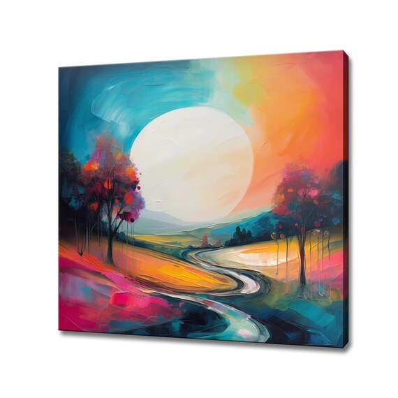 Colorful Abstract Moon Above Country Road Sunset Fields Painting Wall Art