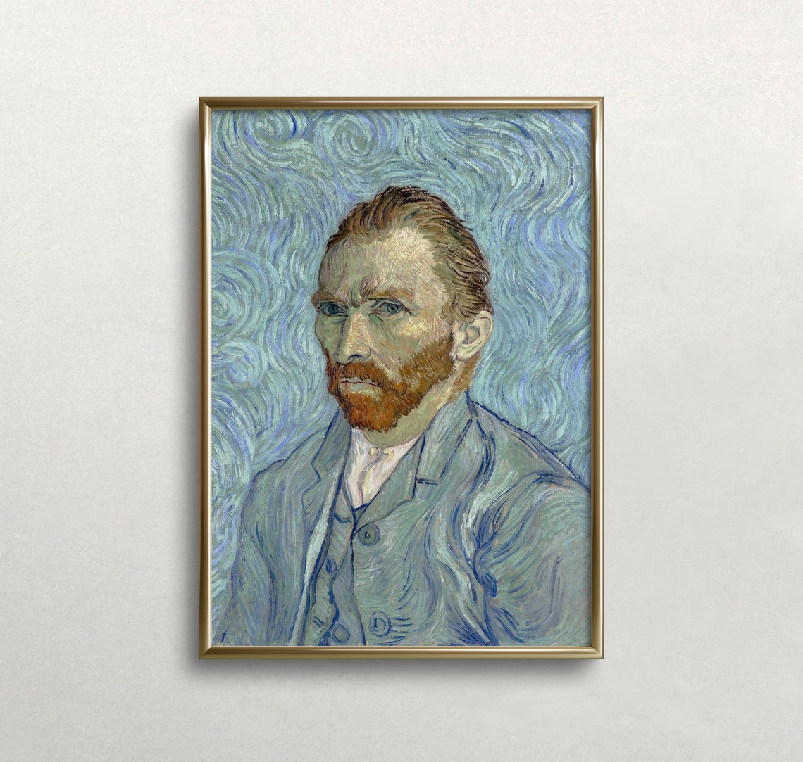 Vincent Van Gogh Self Portrait Swirling Blue Background Art Poster