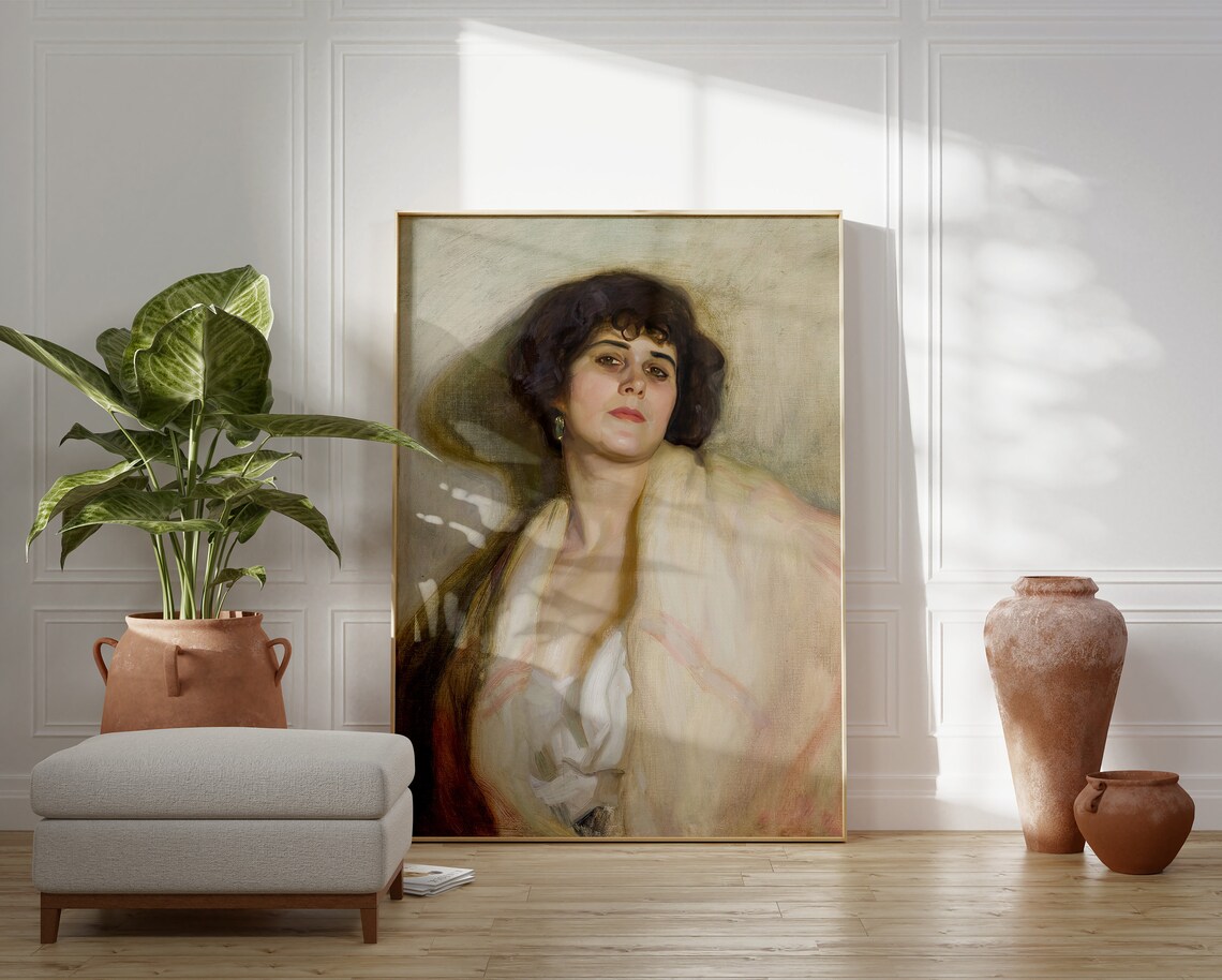 Woman Portrait with Dark Curls and White Shawl Muted Vintage Painting Poster - Image 5