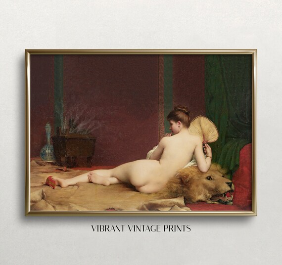 Reclining Nude Woman With Lion Dark Moody Academic Figurative Art Poster