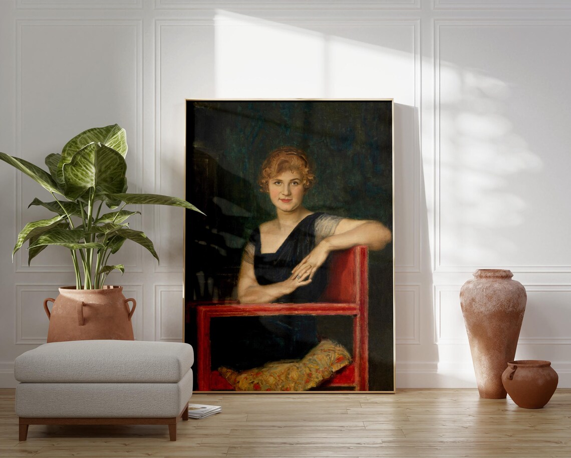 Redhead Woman in Dark Dress Oil Portrait Vintage Painting Poster - Image 2