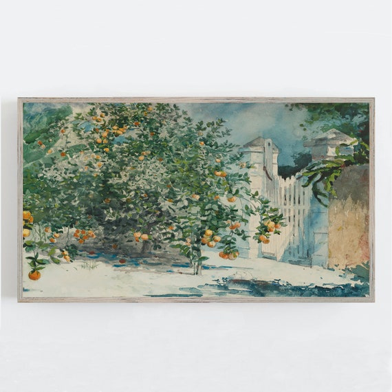 Frame Tv Art Vintage Wall Art Neutral Home Decor Orange Trees Muted Colors Farmhouse Decor Tv Art
