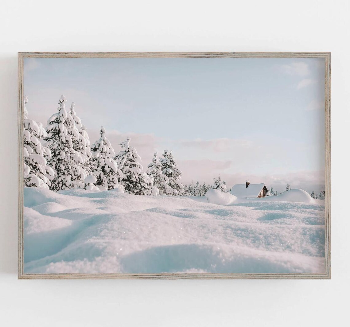Pastel Winter Cabin Snow Laden Pines Christmas Landscape Photo Poster