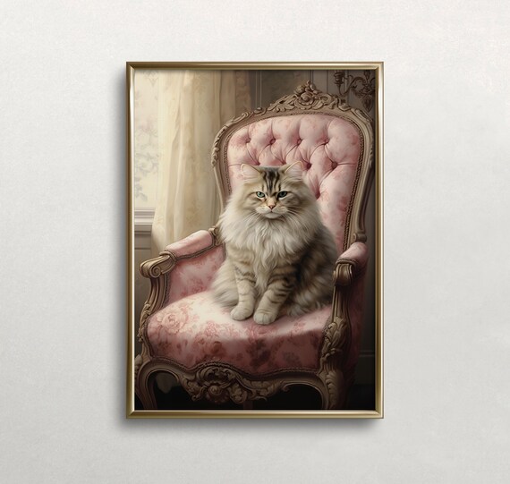Elegant Long Haired Cat On Pink Victorian Armchair Portrait Poster