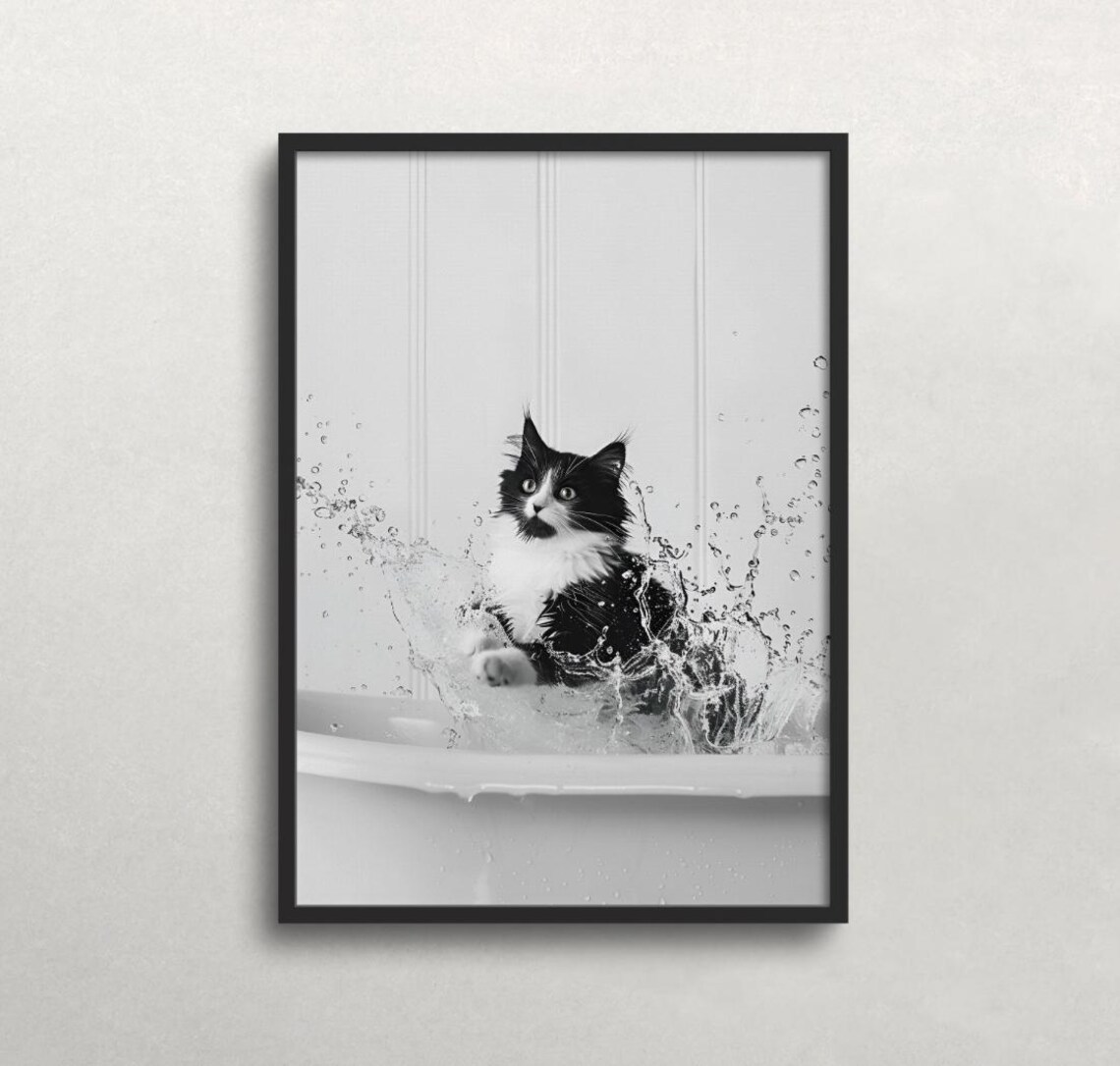 Black And White Tuxedo Cat Splashing In Bathtub Funny Pet Poster - Image 2