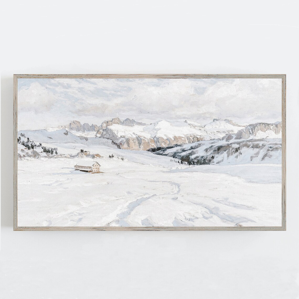 Snowy Mountain Valley Cabin Winter Landscape Oil Painting Wall Art