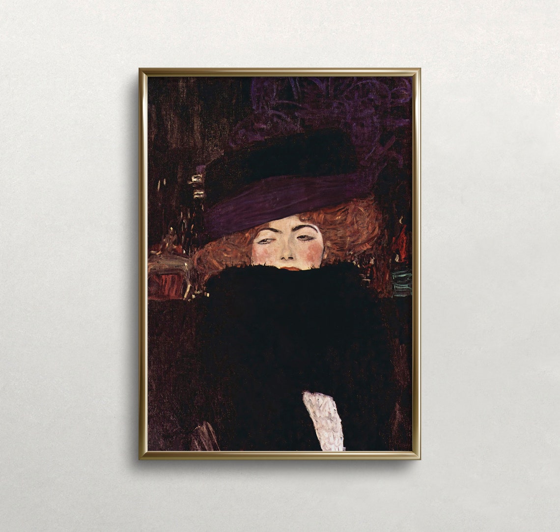 Gustav Klimt Lady Hat Feather Boa Vintage Expressionist Portrait Print